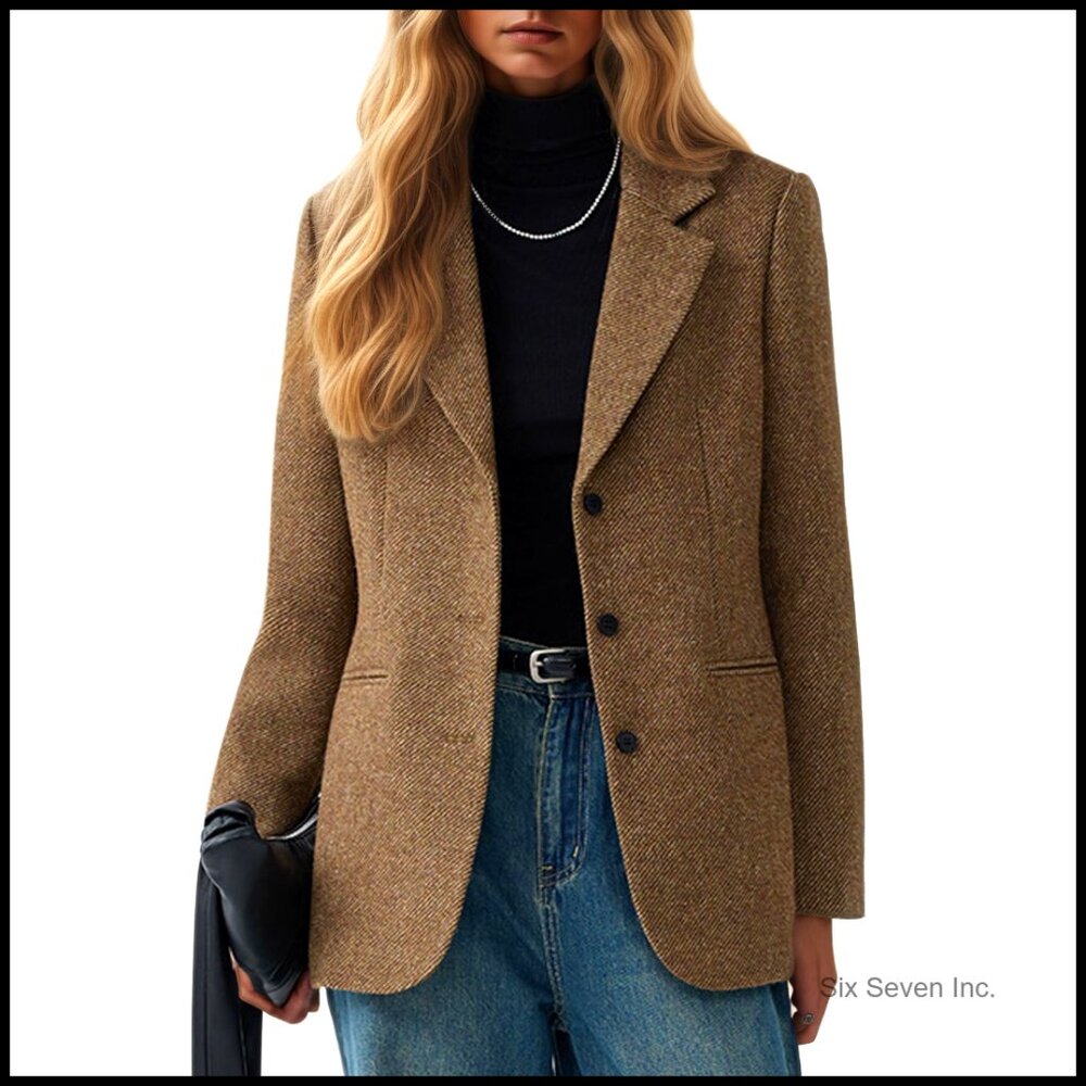 Herringbone Tweed Blend Blazer Lapel Collar Business Casual Office Jacket